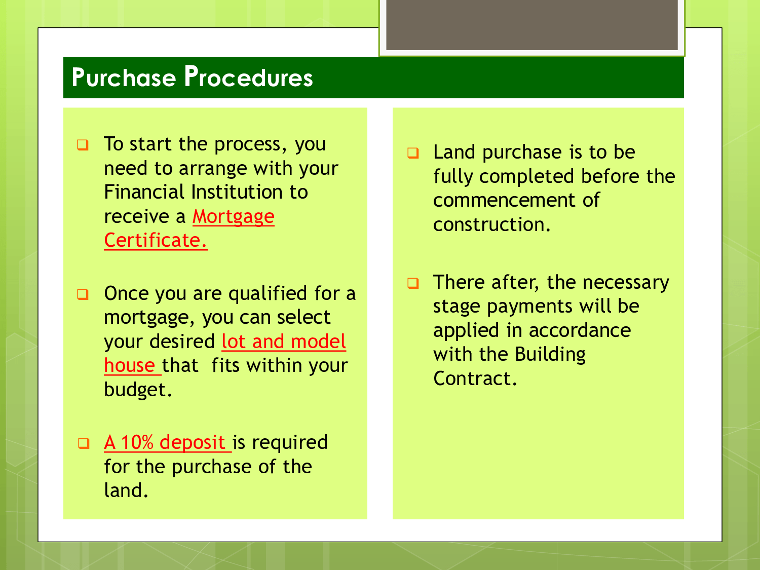 One Sapphire Drive Development Purchase Procedures